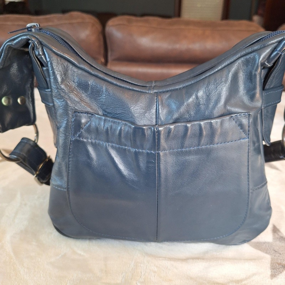 Vintage Navy Blue Genuine Leather Slouchy Shoulder Bag Zipper Close Pocket - Picture 5 of 15
